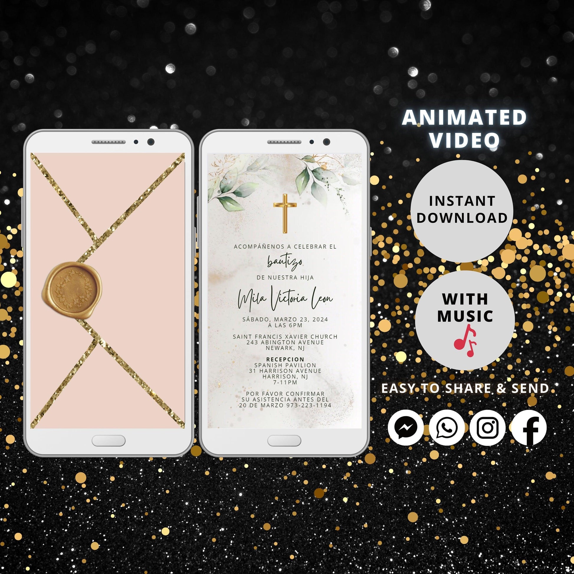 Baptism Invitation Video, Gold Cross, Greenery Baptism Invitation Card, Animated Baptism Invite with background music - SAVVY PAPER CO