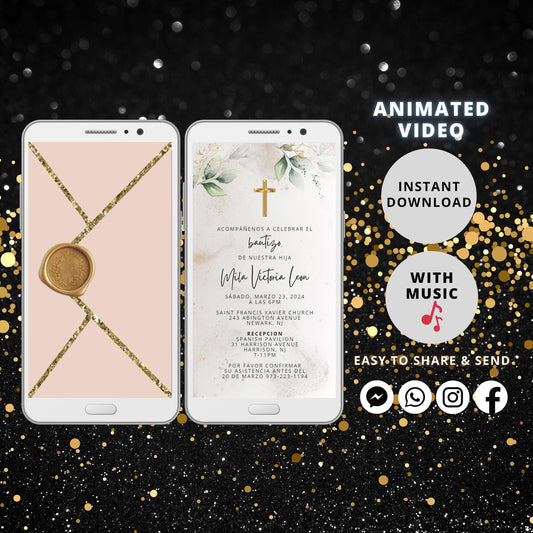 Baptism Invitation Video, Gold Cross, Greenery Baptism Invitation Card, Animated Baptism Invite with background music - SAVVY PAPER CO