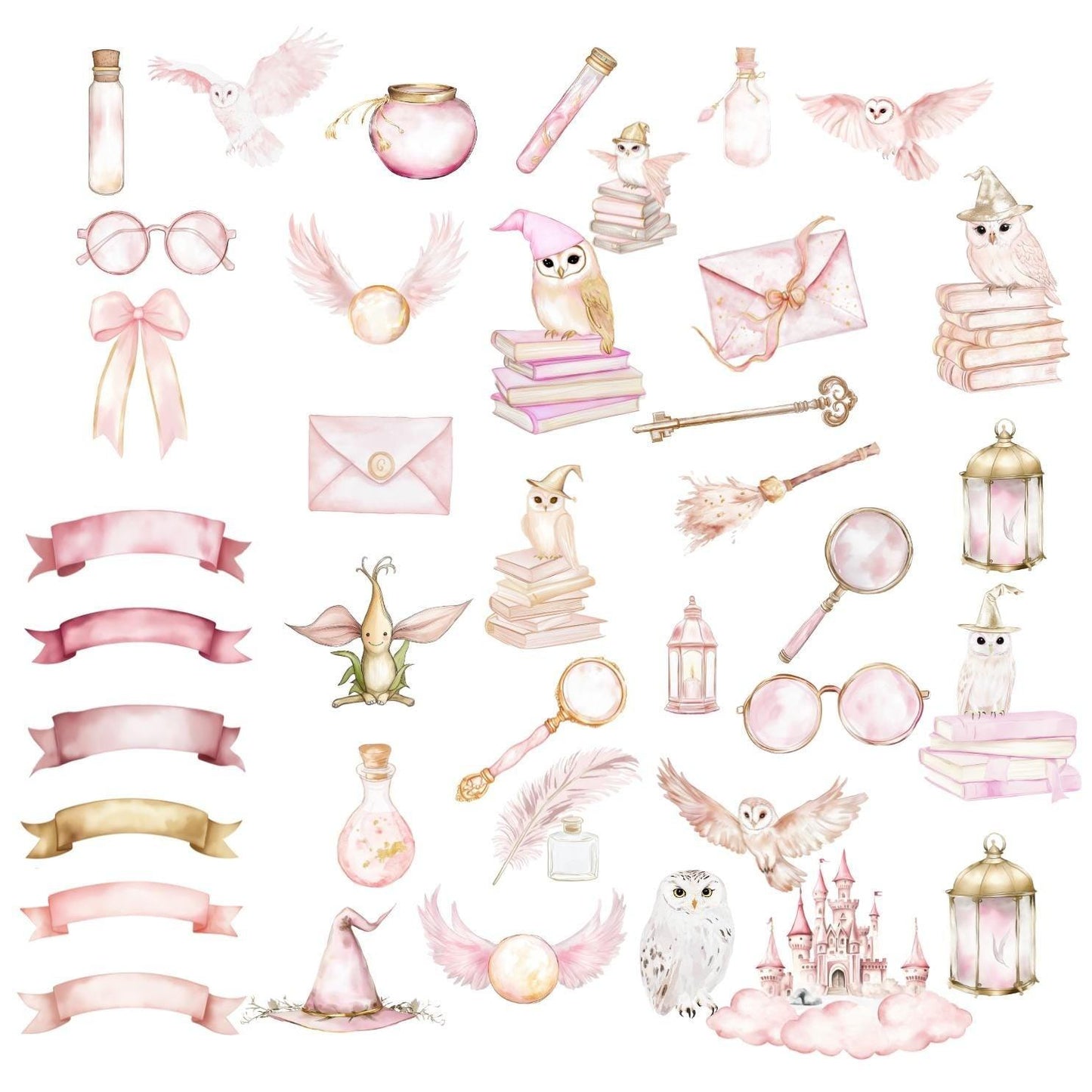 Girly Wizard Party Clipart, Witches and Wizard Pink PNG, Pink Magical Clipart, Wizard Hogwarts Clipart Hand Drawn Watercolor - SAVVY PAPER CO