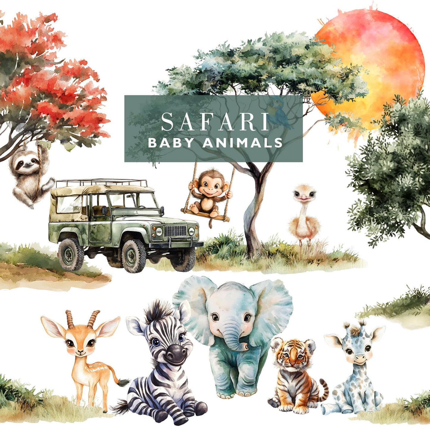 Watercolor Safari Clipart, Jungle Animals Png, Lion, Elephant Safari PNG, Nursery Clipart, Birthday Clipart, ,Animal Bundle hand drawn - SAVVY PAPER CO