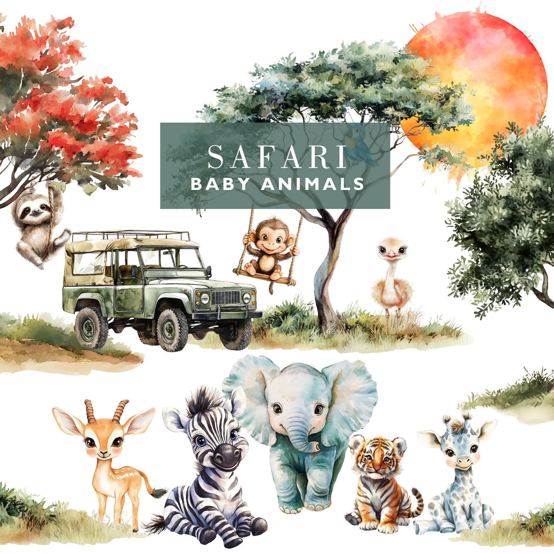 Watercolor Safari Clipart, Jungle Animals Png, Lion, Elephant Safari PNG, Nursery Clipart, Birthday Clipart, ,Animal Bundle hand drawn - SAVVY PAPER CO