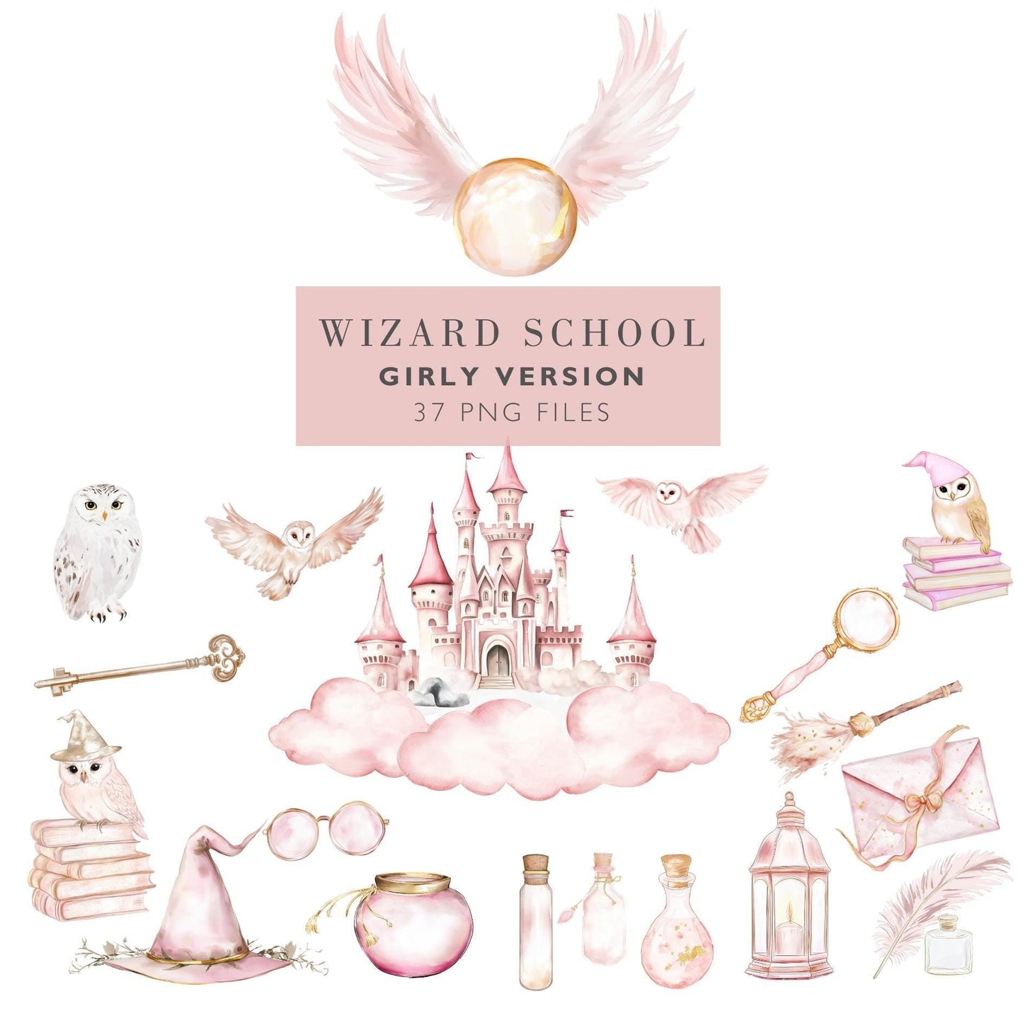 Girly Wizard Party Clipart, Witches and Wizard Pink PNG, Pink Magical Clipart, Wizard Hogwarts Clipart Hand Drawn Watercolor - SAVVY PAPER CO