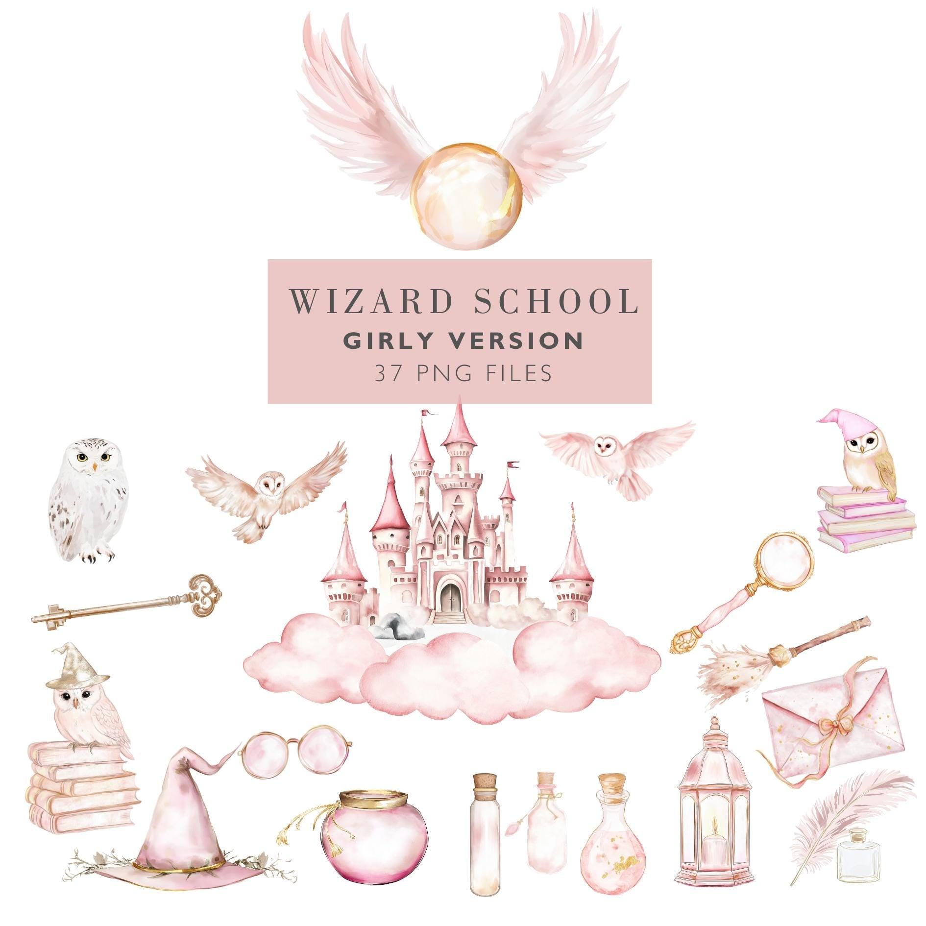 Girly Wizard Party Clipart, Witches and Wizard Pink PNG, Pink Magical Clipart, Wizard Hogwarts Clipart Hand Drawn Watercolor - SAVVY PAPER CO