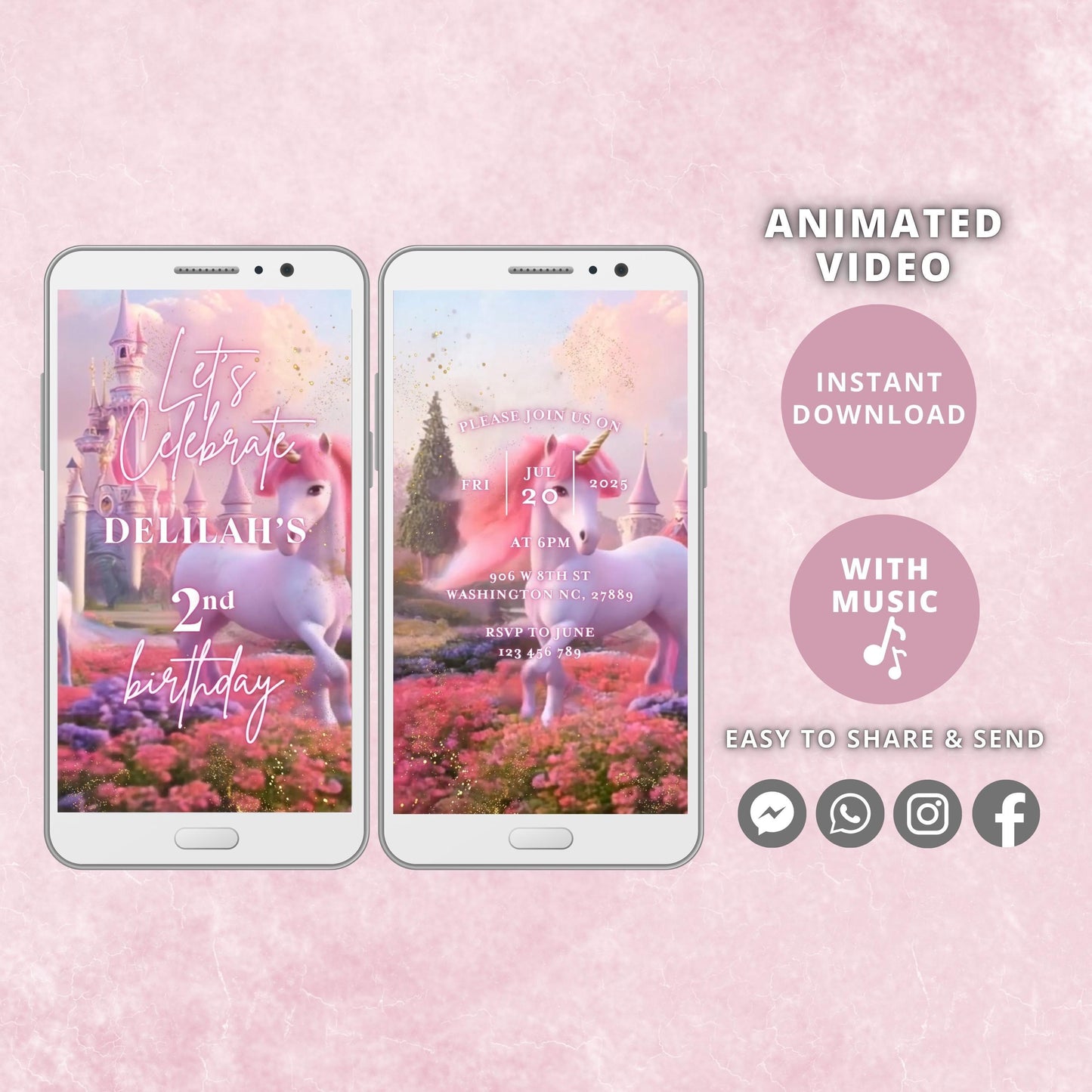 Editable Unicorn Birthday Invite, Pink Unicorn, Girl Birthday Party, Video invitation template, Digital Instant Download - SAVVY PAPER CO