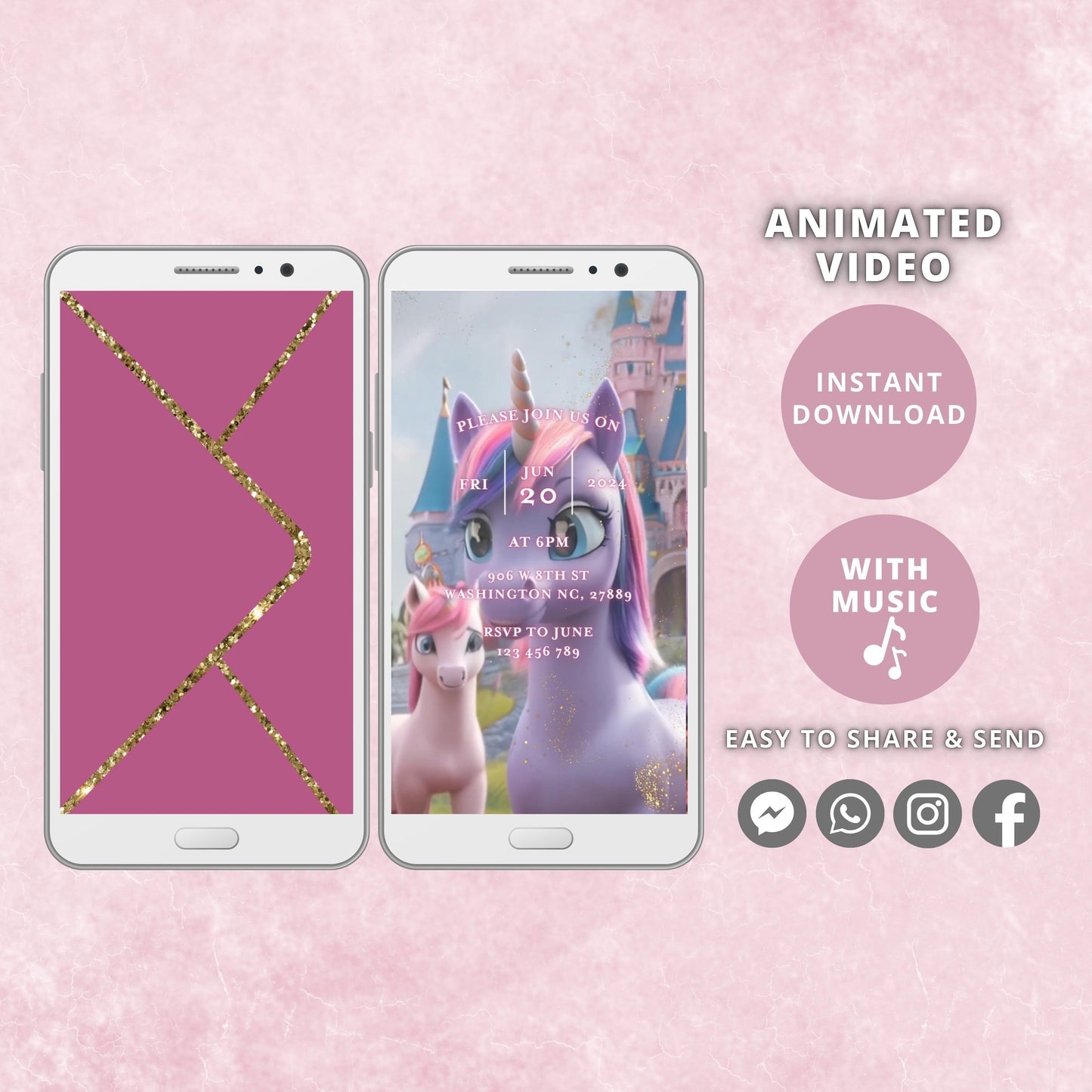 Editable Unicorn Birthday Invite, Pink Unicorn, Girl 1st 2nd Birthday Party, Video invitation template, Digital Instant Download Purple - SAVVY PAPER CO