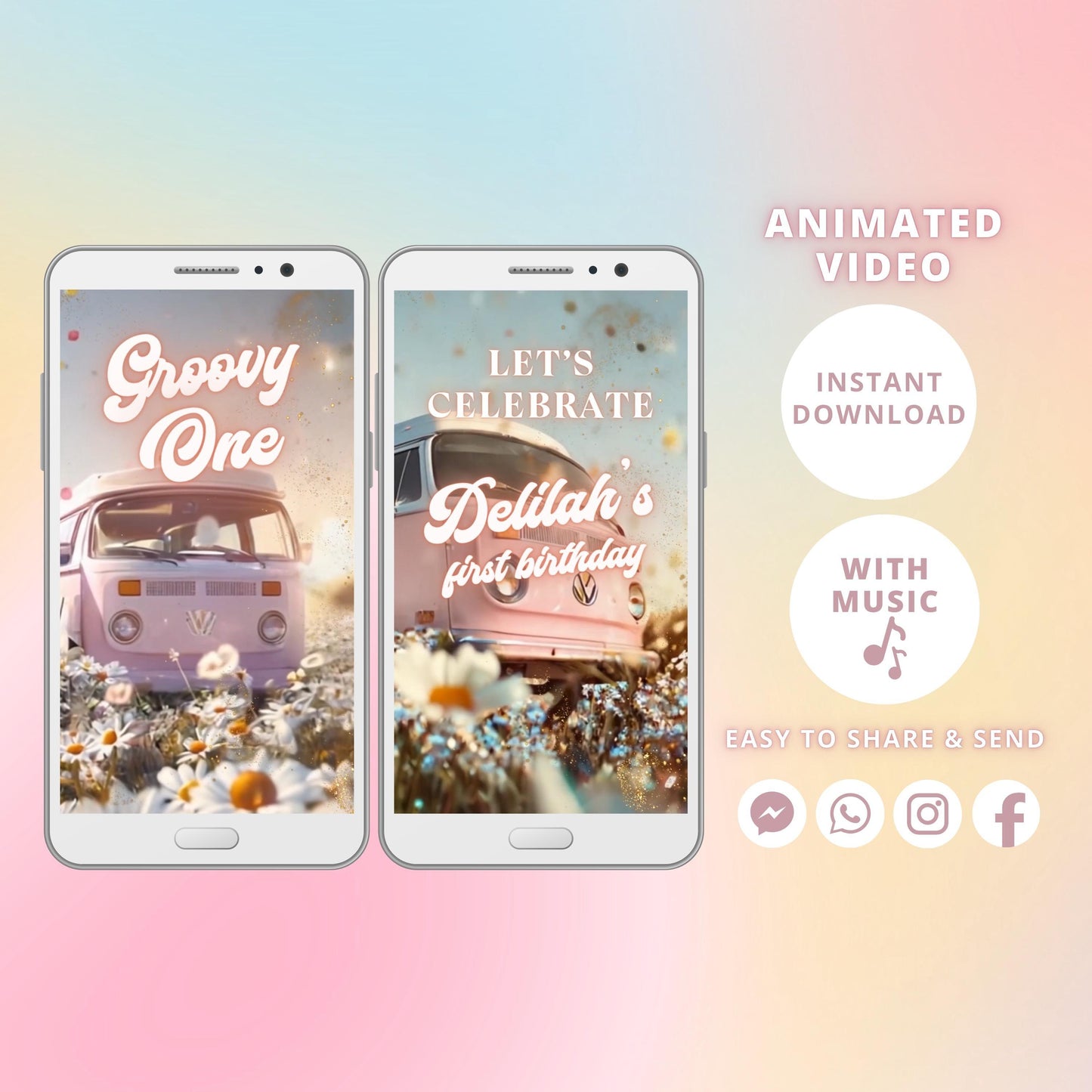 Editable Groovy One baby birthday video invitation with music, Animated Hippie Party Template, One groovy baby first birthday - SAVVY PAPER CO