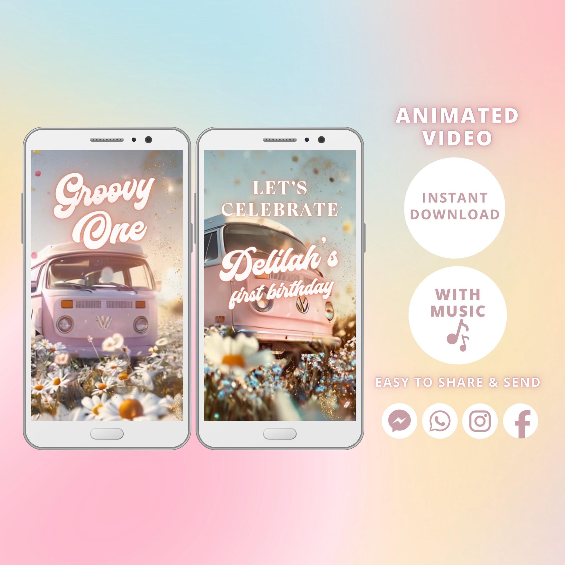 Editable Groovy One baby birthday video invitation with music, Animated Hippie Party Template, One groovy baby first birthday - SAVVY PAPER CO