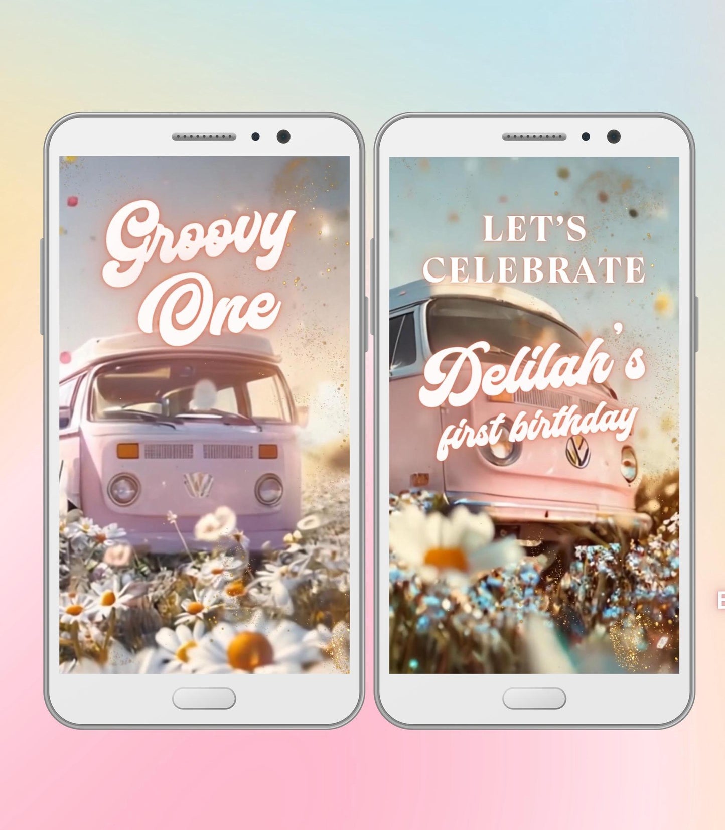 Editable Groovy One baby birthday video invitation with music, Animated Hippie Party Template, One groovy baby first birthday - SAVVY PAPER CO