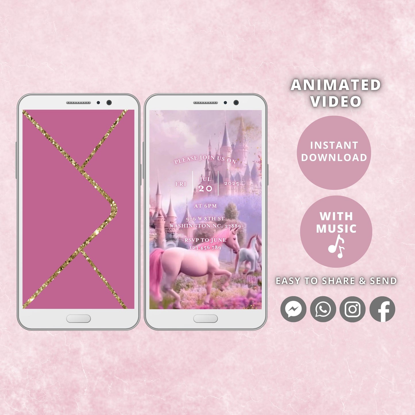 Editable Unicorn Birthday Invite, Pink Unicorn, Colorful Birthday Party, Video invitation template, Digital Instant Download - SAVVY PAPER CO