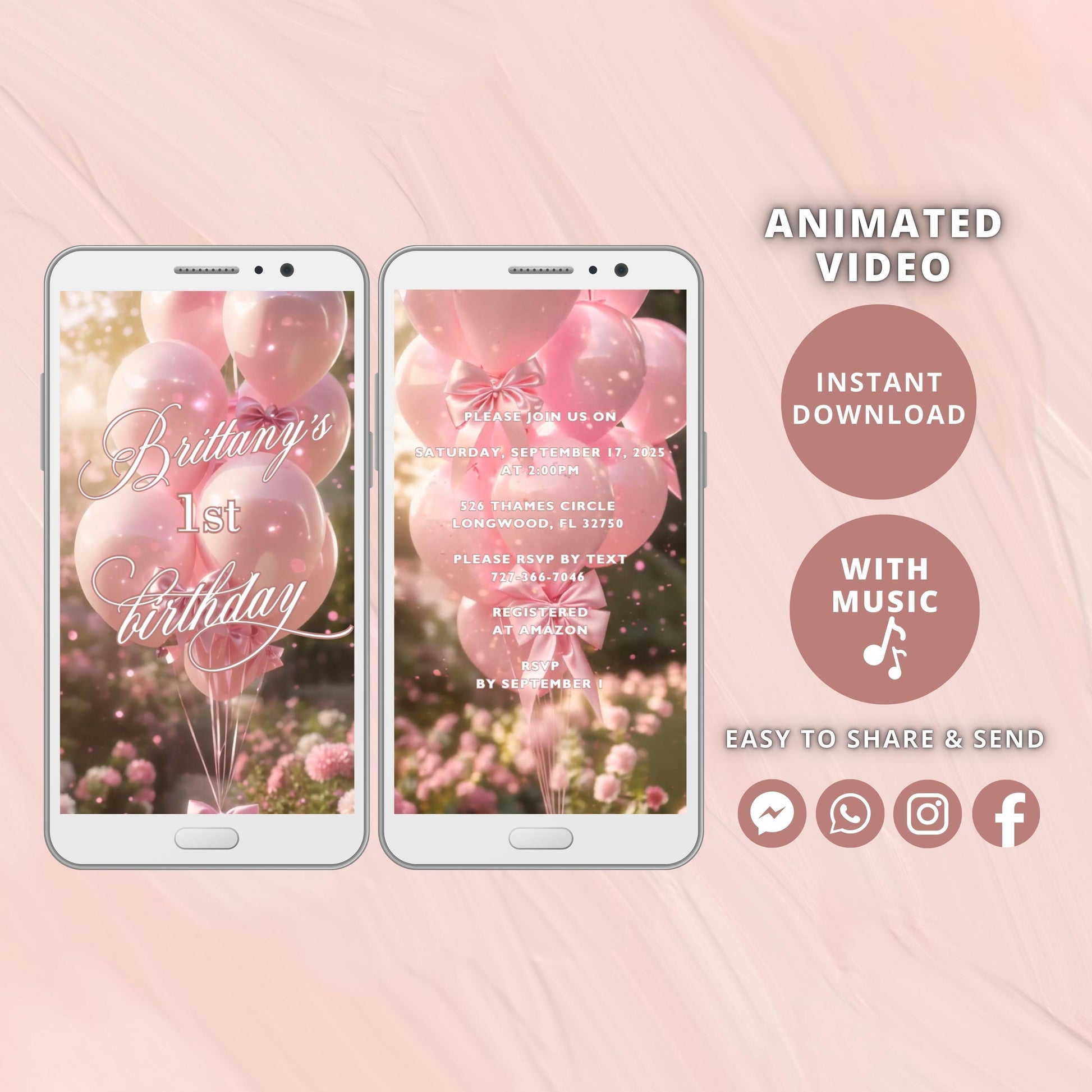 Pink Bow Birthday Video Invitation, Animated Girl Coquette Invite, Editable Party Invite, Digital Invitation Template, Instant Download - SAVVY PAPER CO