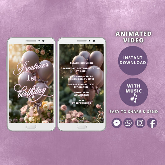 Mauve Bow Birthday Video Invitation, Animated Girl Coquette Invite, Editable Party Invite, Digital Invitation Template, Instant Download - SAVVY PAPER CO