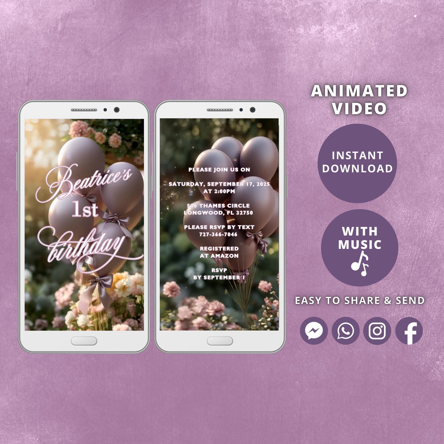 Mauve Bow Birthday Video Invitation, Animated Girl Coquette Invite, Editable Party Invite, Digital Invitation Template, Instant Download - SAVVY PAPER CO