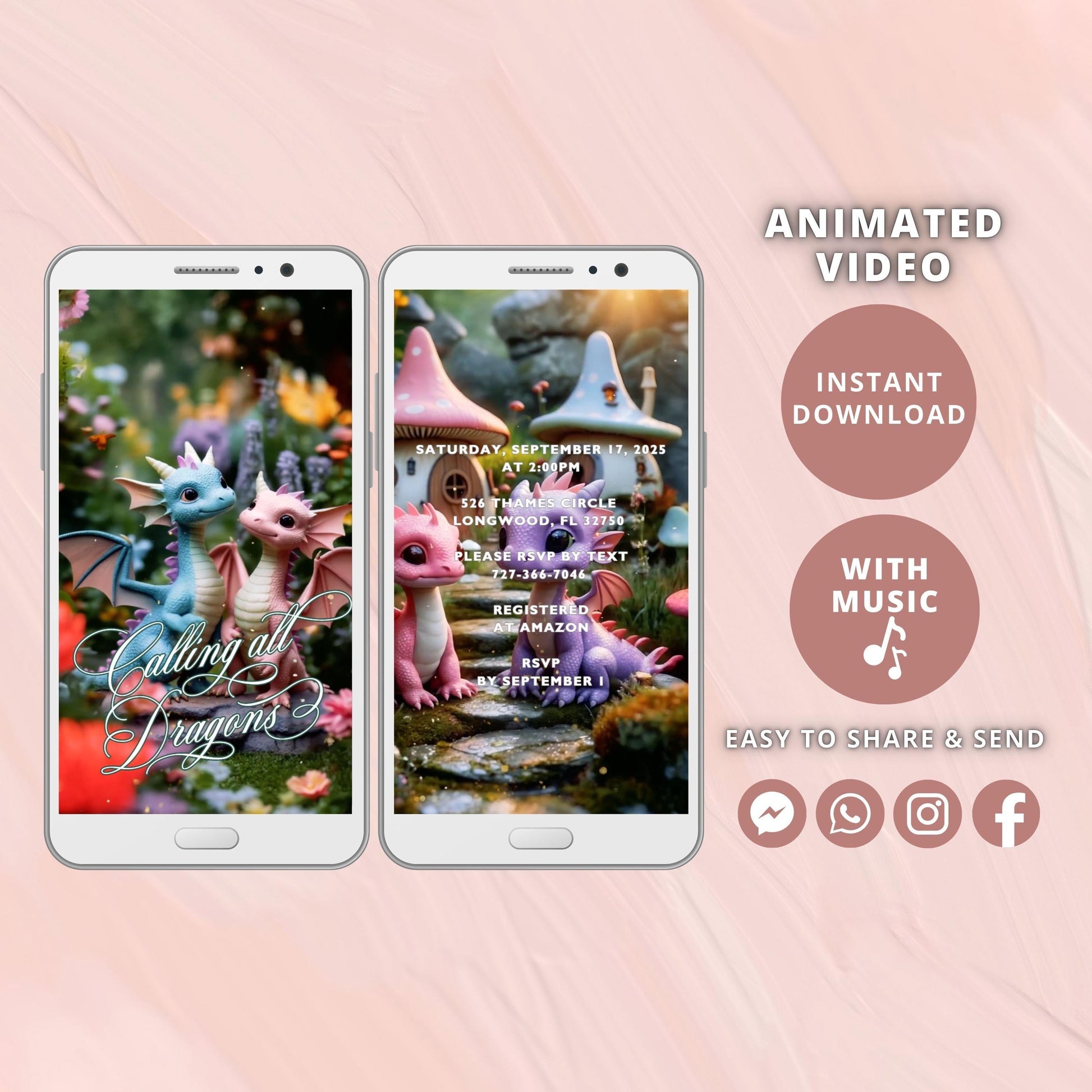 Editable Pink Fairy Dragon Birthday Invitation template, Girl Dragon Birthday Video Invitation, Magical Birthday, Digital Instant Download - SAVVY PAPER CO