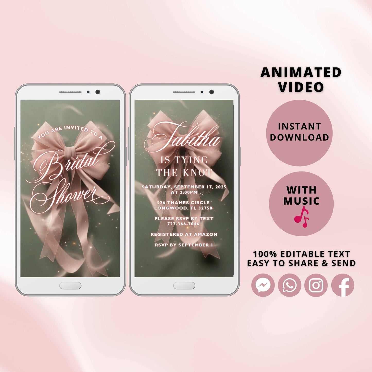Editable She's Tying the Knot Bridal Shower Video Invitation Template, Pink Coquette Bow Bridal Shower Invite Pink Ribbon Bow Wedding Shower - SAVVY PAPER CO
