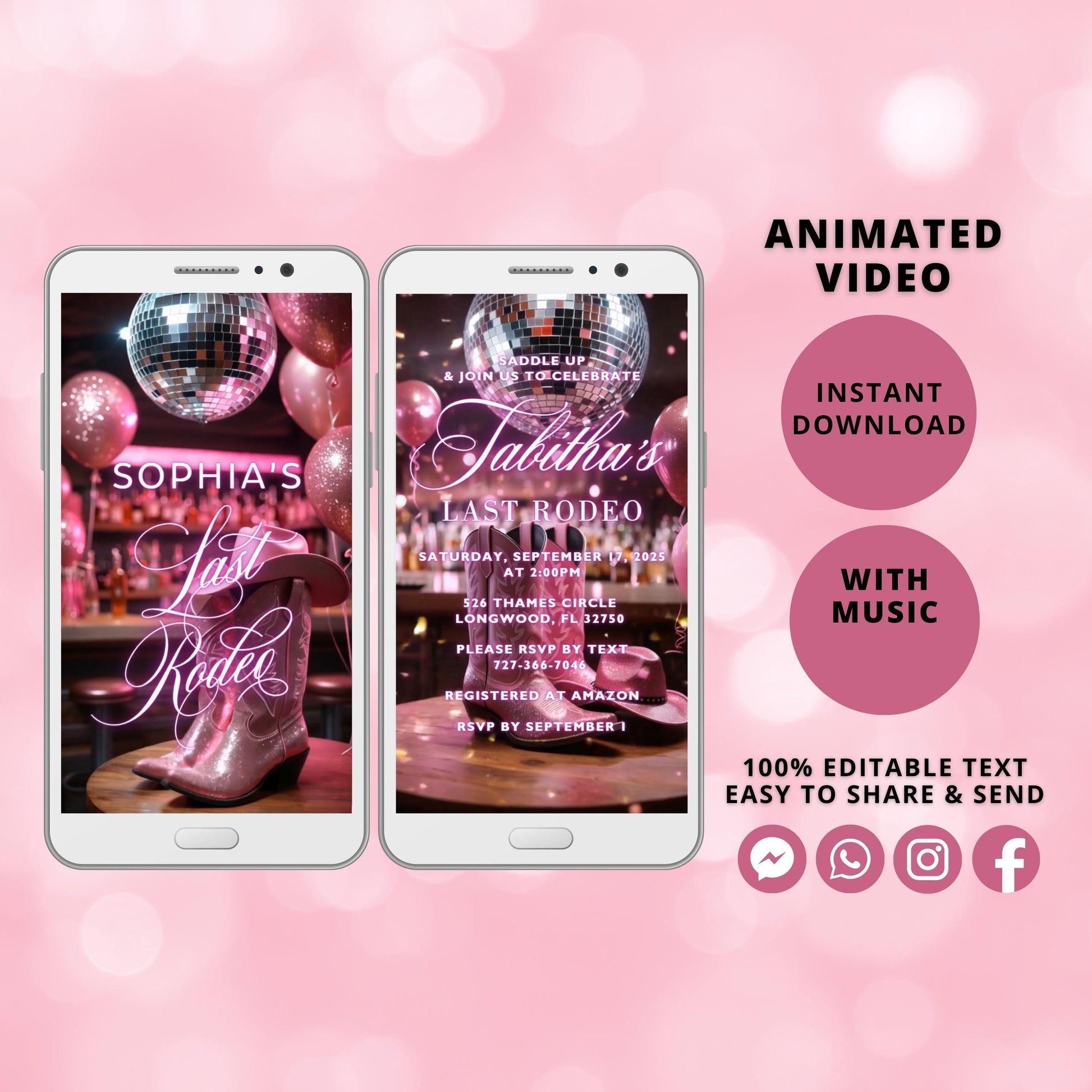 Last Rodeo Bachelorette Video Invite Template, Nashville Bachelorette Weekend Invite Template, Disco Cowgirl Bachelorette Pink Animated - SAVVY PAPER CO