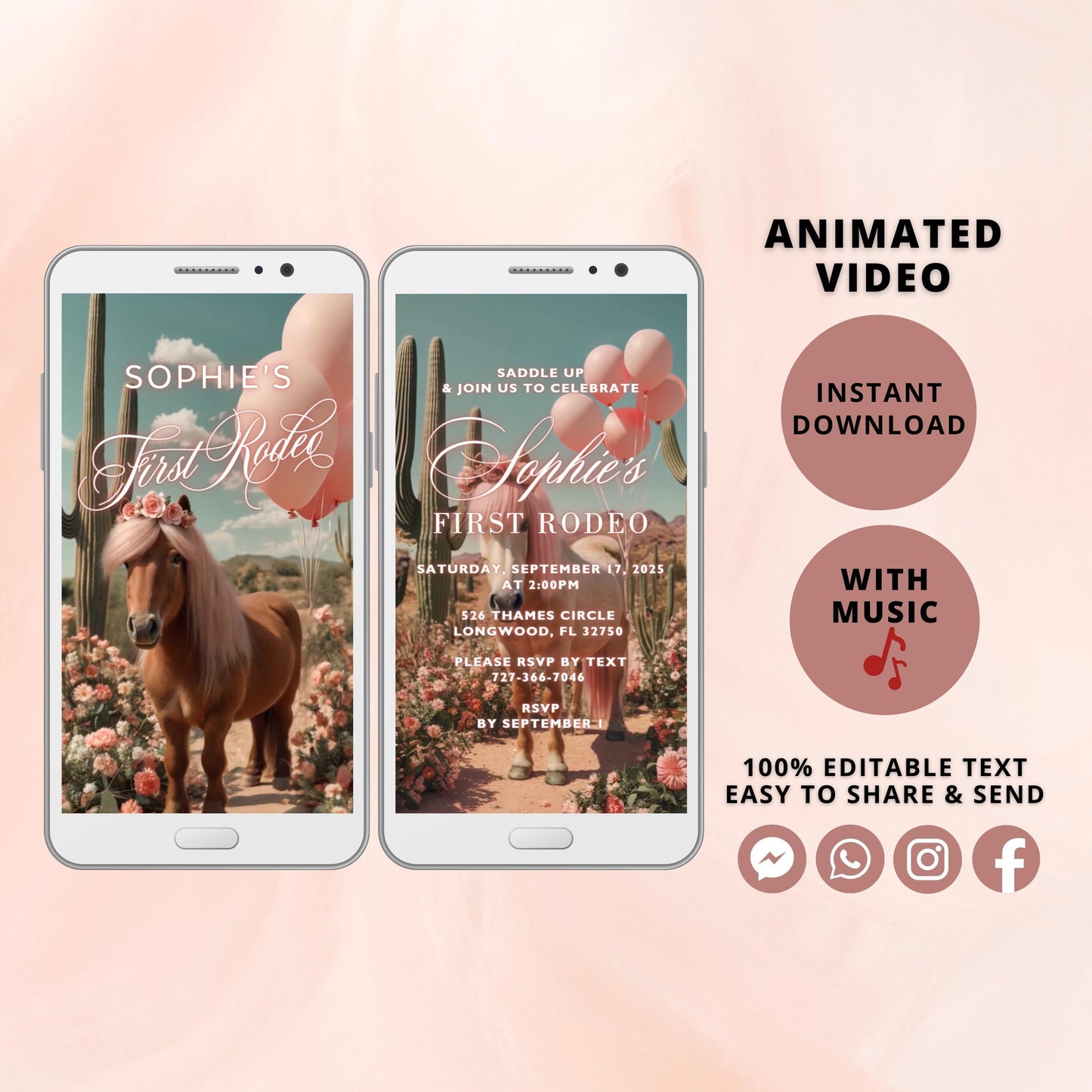 First Rodeo Birthday Video Invitation, Animated Girl First Birthday, Editable Party Invite, Digital Invitation Template, Instant Download - SAVVY PAPER CO