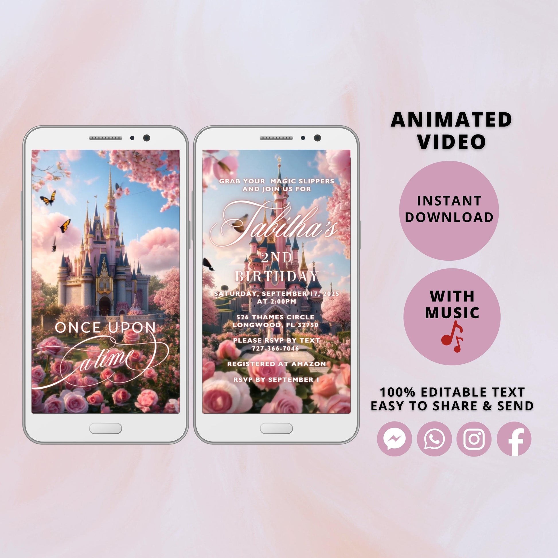 Princess Birthday Video Invitation, Princess Birthday party evite, Editable pink Castle Party Digital Invitation Template, Instant Download - SAVVY PAPER CO