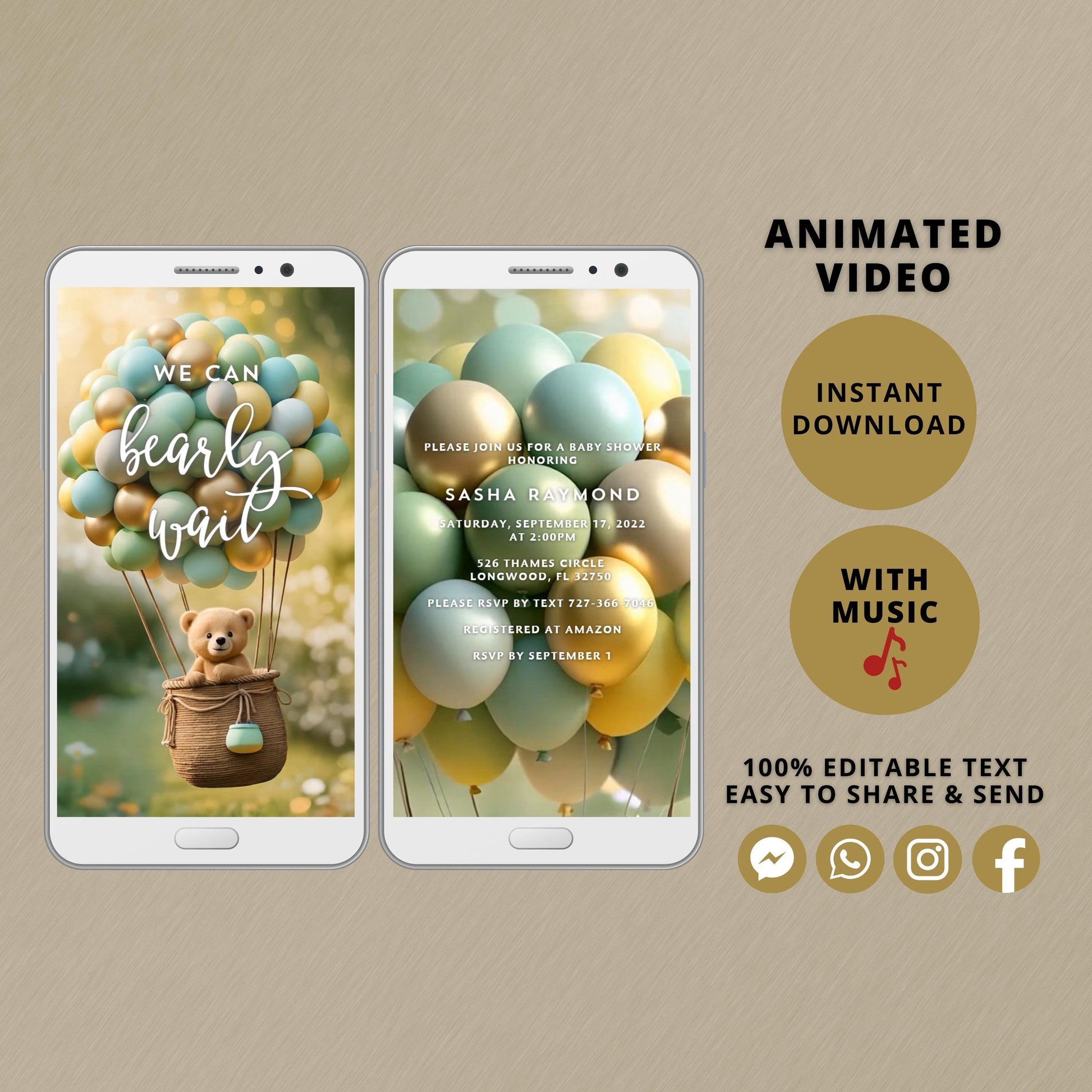 Baby Shower Electronic Invite Bear Hot Air Balloons Video Glitter Animated, Baby Shower Digital Invite, baby shower evite boy or girl edit - SAVVY PAPER CO