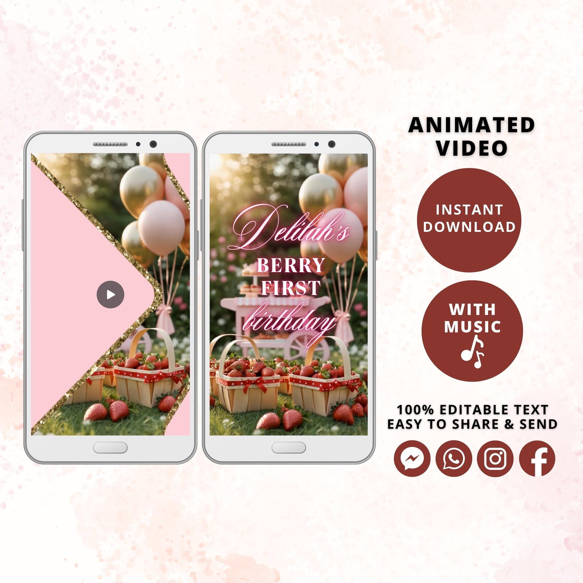 Berry First Birthday Invitation Template, Strawberry Video Invitation for First Birthday Party, Summer Fruit Editable Animated Invitation - SAVVY PAPER CO