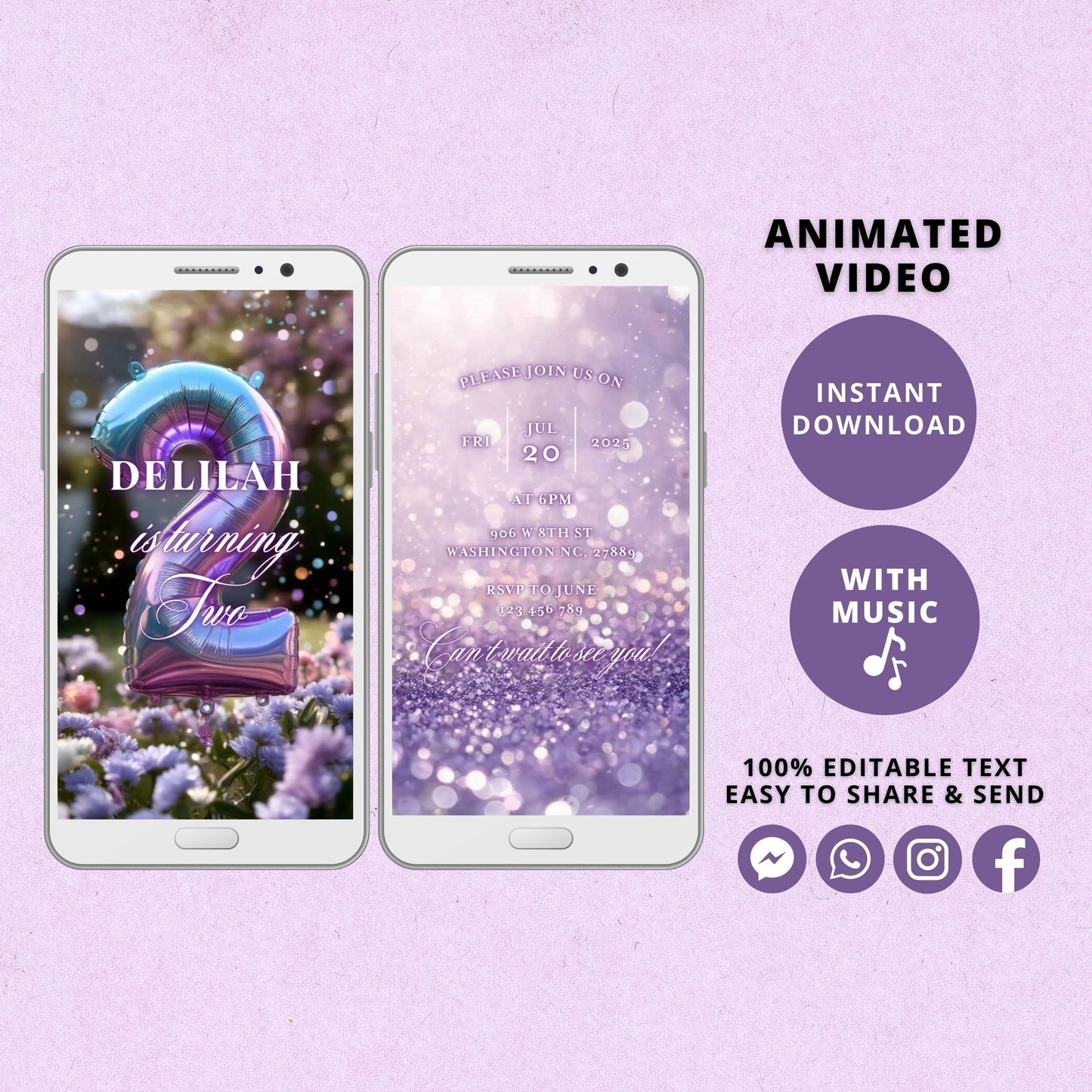 Rainbow Second Birthday Invitation Template, Rainbow Video Invitation for Second Birthday Party, Purple Editable Animated Invitation - SAVVY PAPER CO