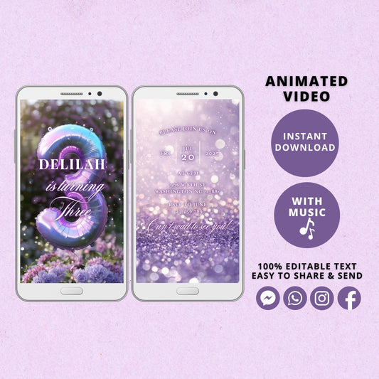 Rainbow Third Birthday Invitation Template, Rainbow Video Invitation for Second Birthday Party, Purple Editable Animated Invitation - SAVVY PAPER CO