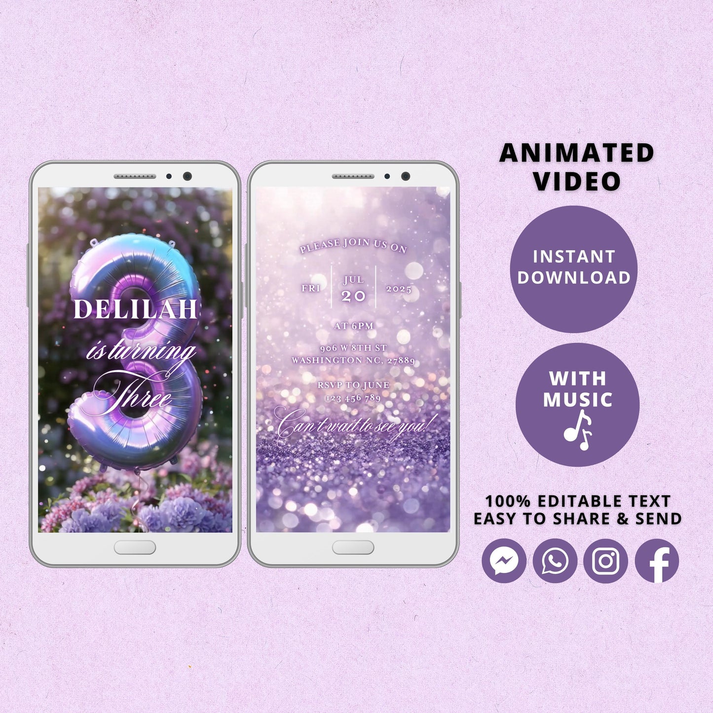 Rainbow Third Birthday Invitation Template, Rainbow Video Invitation for Second Birthday Party, Purple Editable Animated Invitation - SAVVY PAPER CO