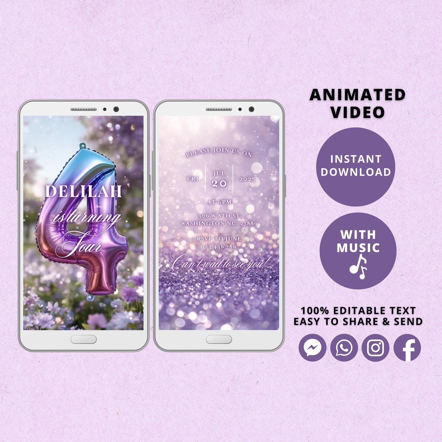 Rainbow Fourth Birthday Invitation Template, Rainbow Video Invitation for 4th Birthday Party, Purple Editable Animated Invitation - SAVVY PAPER CO