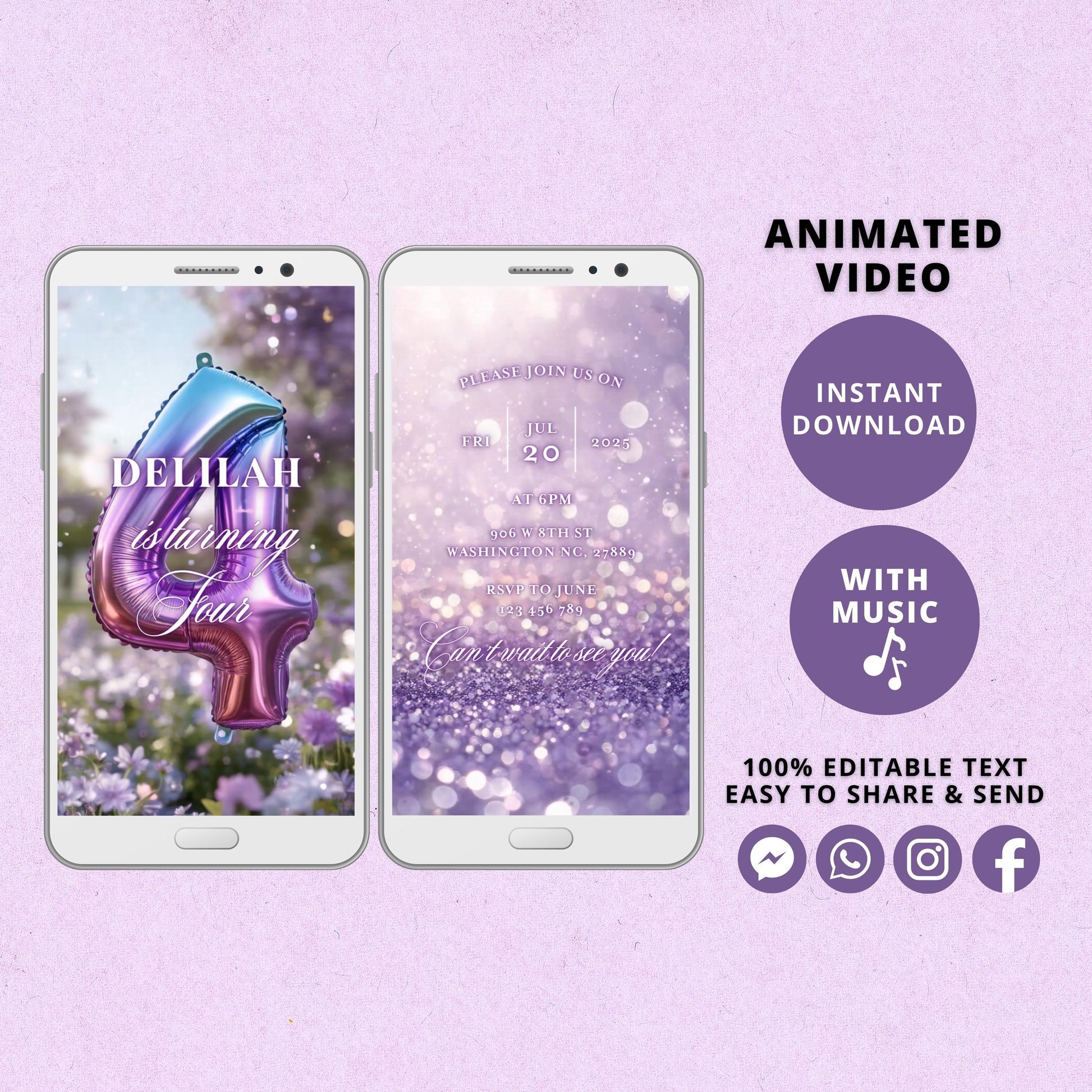 Rainbow Fourth Birthday Invitation Template, Rainbow Video Invitation for 4th Birthday Party, Purple Editable Animated Invitation - SAVVY PAPER CO