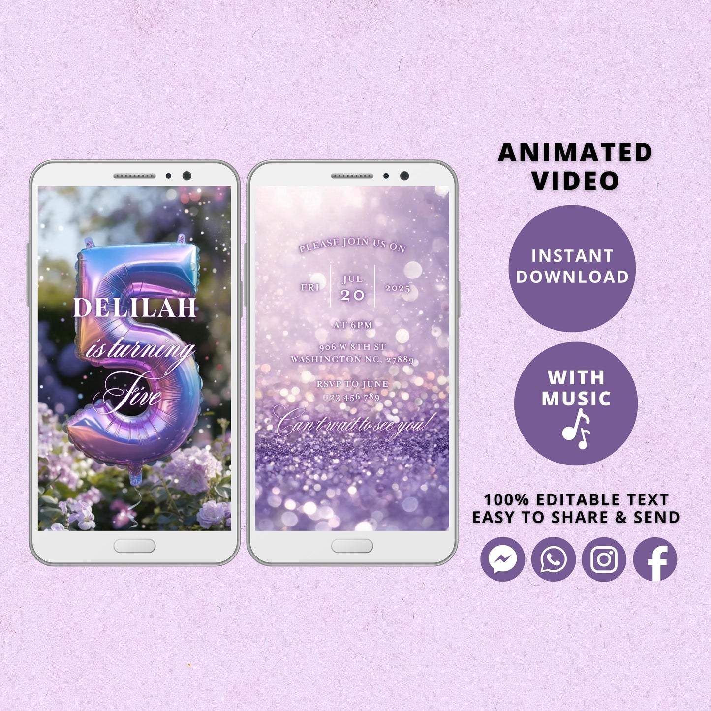 Rainbow Fifth Birthday Invitation Template, Rainbow Video Invitation for 5th Birthday Party, Purple Editable Animated Invitation - SAVVY PAPER CO