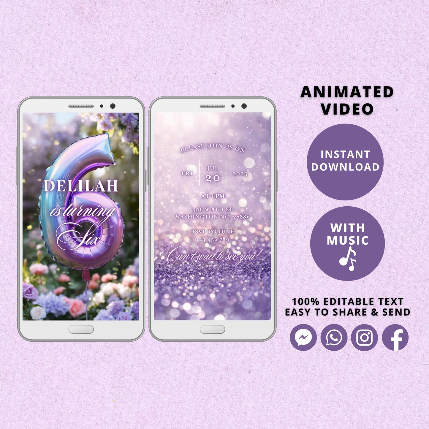 Rainbow Sixth Birthday Invitation Template, Rainbow Video Invitation for 6th Birthday Party, Purple Editable Animated Invitation - SAVVY PAPER CO