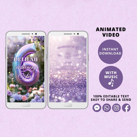 Rainbow Sixth Birthday Invitation Template, Rainbow Video Invitation for 6th Birthday Party, Purple Editable Animated Invitation - SAVVY PAPER CO