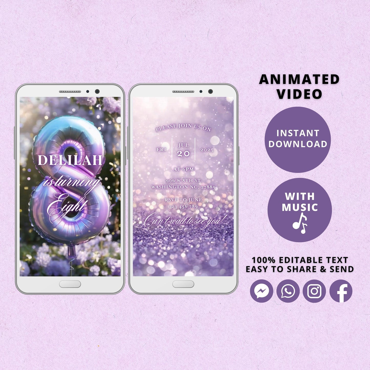 Rainbow Eighth Birthday Invitation Template, Rainbow Video Invitation for 8th Birthday Party, Purple Editable Animated Invitation - SAVVY PAPER CO