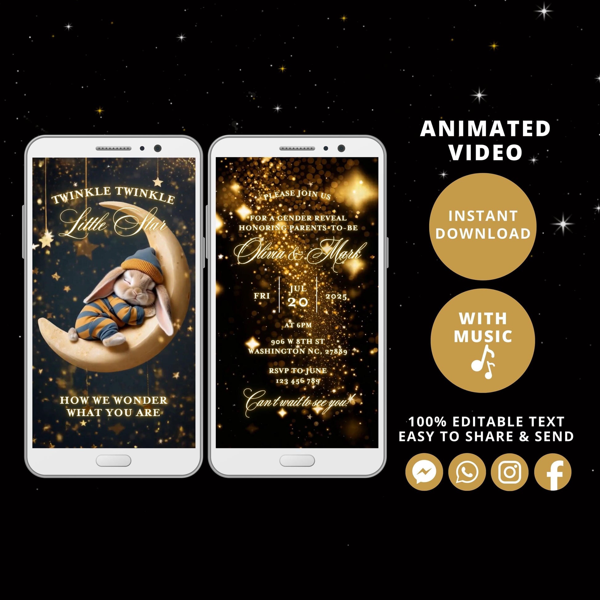 Twinkle twinkle little star Gender Reveal Invitation Template, Digital Gender Reveal Party Invite, Gender Reveal Editable Bunny Moon Invite - SAVVY PAPER CO