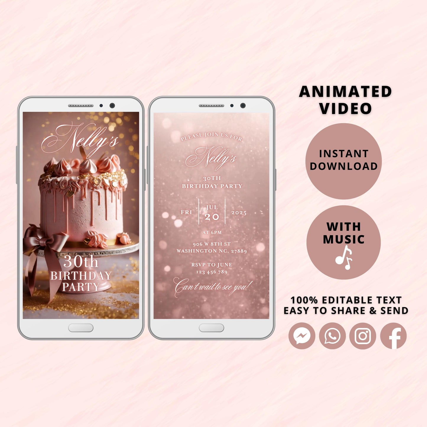 Coquette Bow 30th Birthday Video Invitation, Animated Vintage Cake Invite, Editable Party Invite, Digital Template, Instant Download - SAVVY PAPER CO