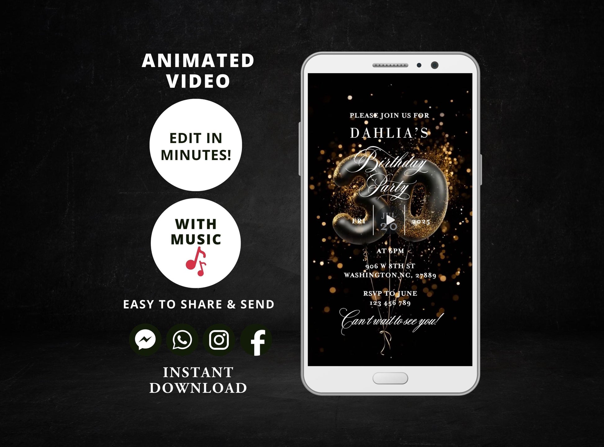 Digital birthday dinner invitation,women birthday invitation Party, Animated Black and Gold Balloons Birthday video Invite,Editable Template - SAVVY PAPER CO