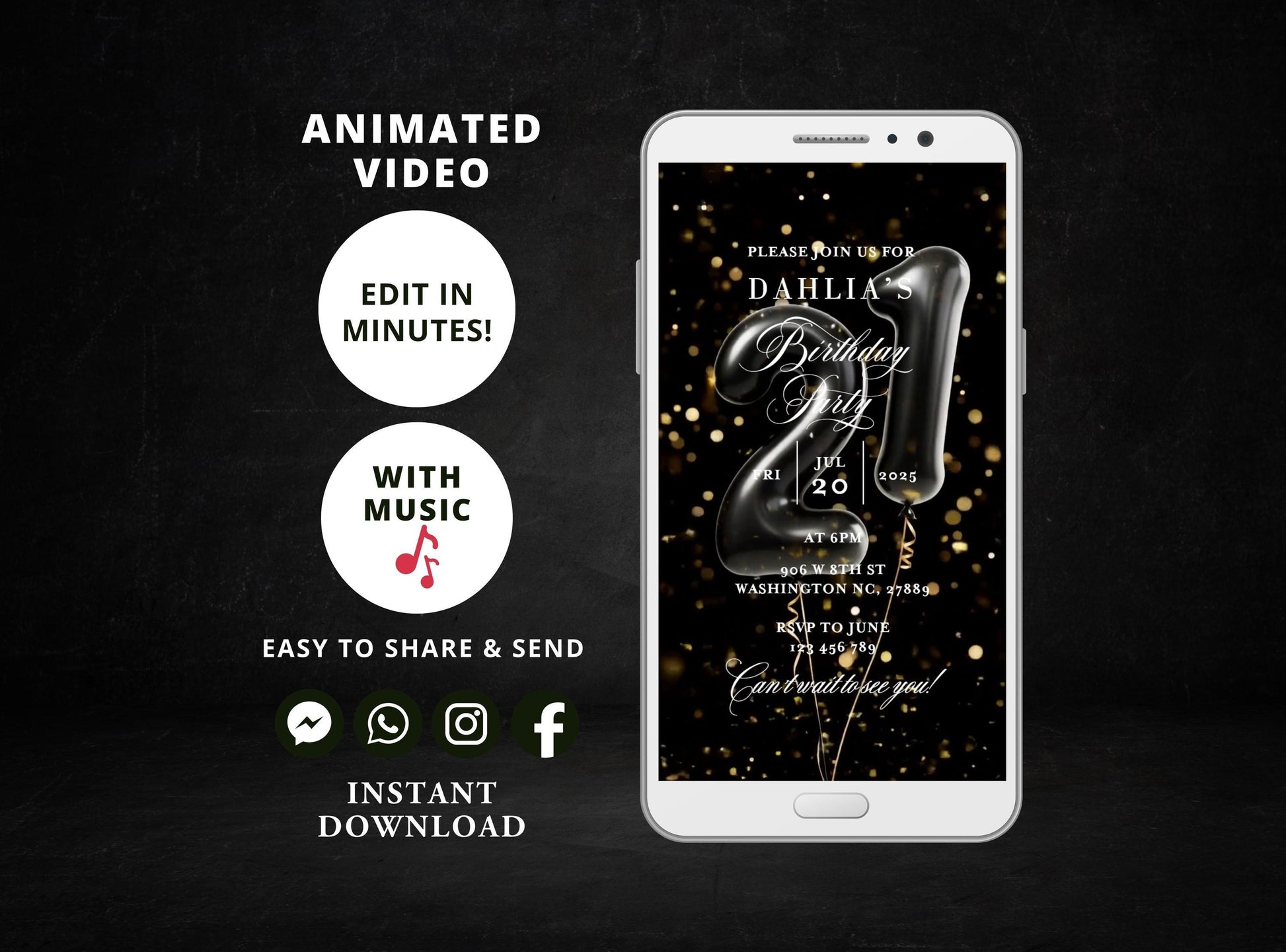 Digital birthday dinner invitation,women birthday invitation Party, Animated Black and Gold Balloons Birthday video Invite,Editable Template - SAVVY PAPER CO