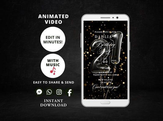 Digital birthday dinner invitation,women birthday invitation Party, Animated Black and Gold Balloons Birthday video Invite,Editable Template - SAVVY PAPER CO
