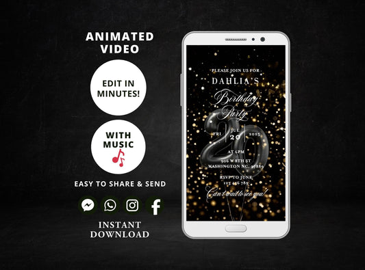 Digital birthday dinner invitation,women birthday invitation Party, Animated Black and Gold Balloons Birthday video Invite,Editable Template - SAVVY PAPER CO