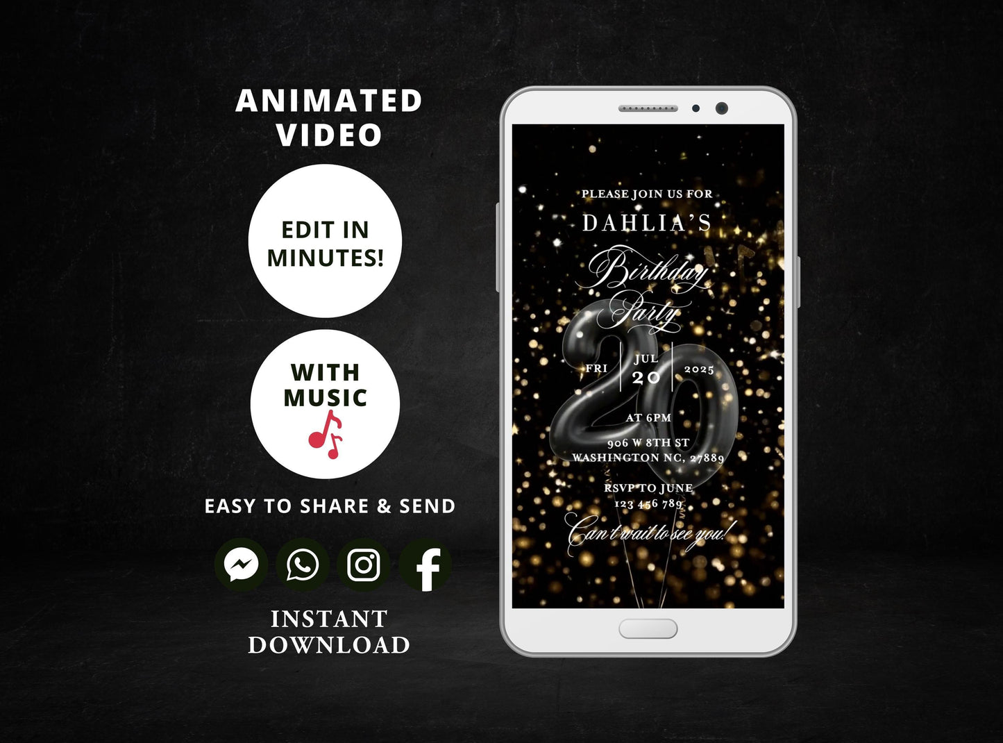 Digital birthday dinner invitation,women birthday invitation Party, Animated Black and Gold Balloons Birthday video Invite,Editable Template - SAVVY PAPER CO