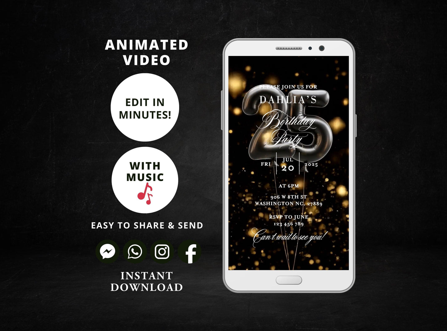 Digital birthday dinner invitation,women birthday invitation Party, Animated Black and Gold Balloons Birthday video Invite,Editable Template - SAVVY PAPER CO