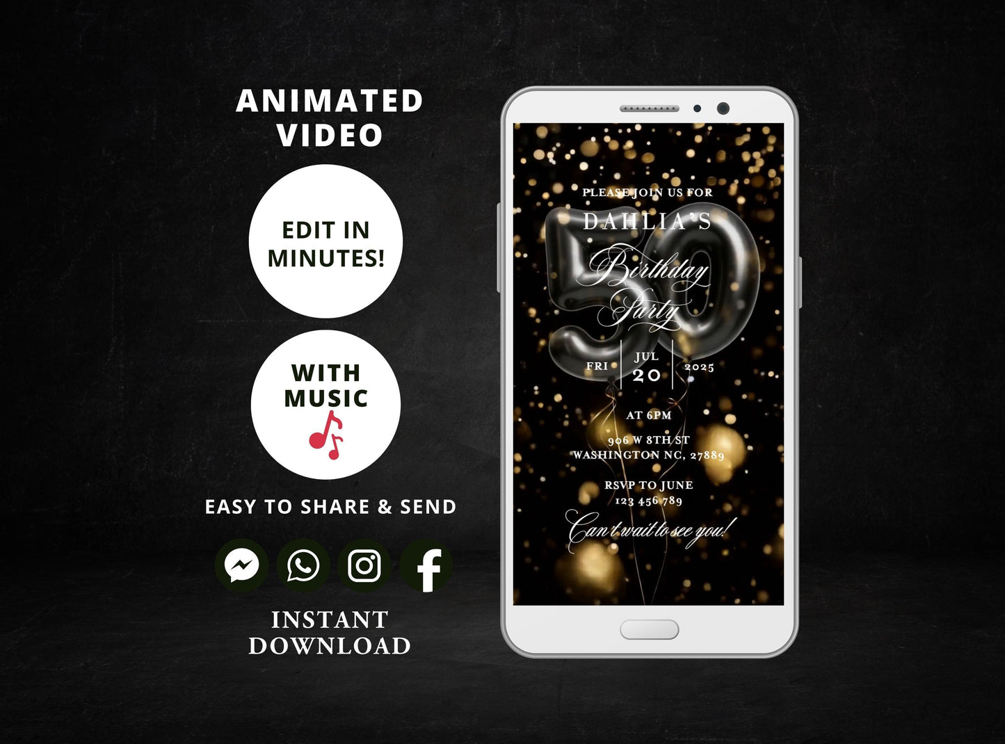 Digital birthday dinner invitation,women birthday invitation Party, Animated Black and Gold Balloons Birthday video Invite,Editable Template - SAVVY PAPER CO