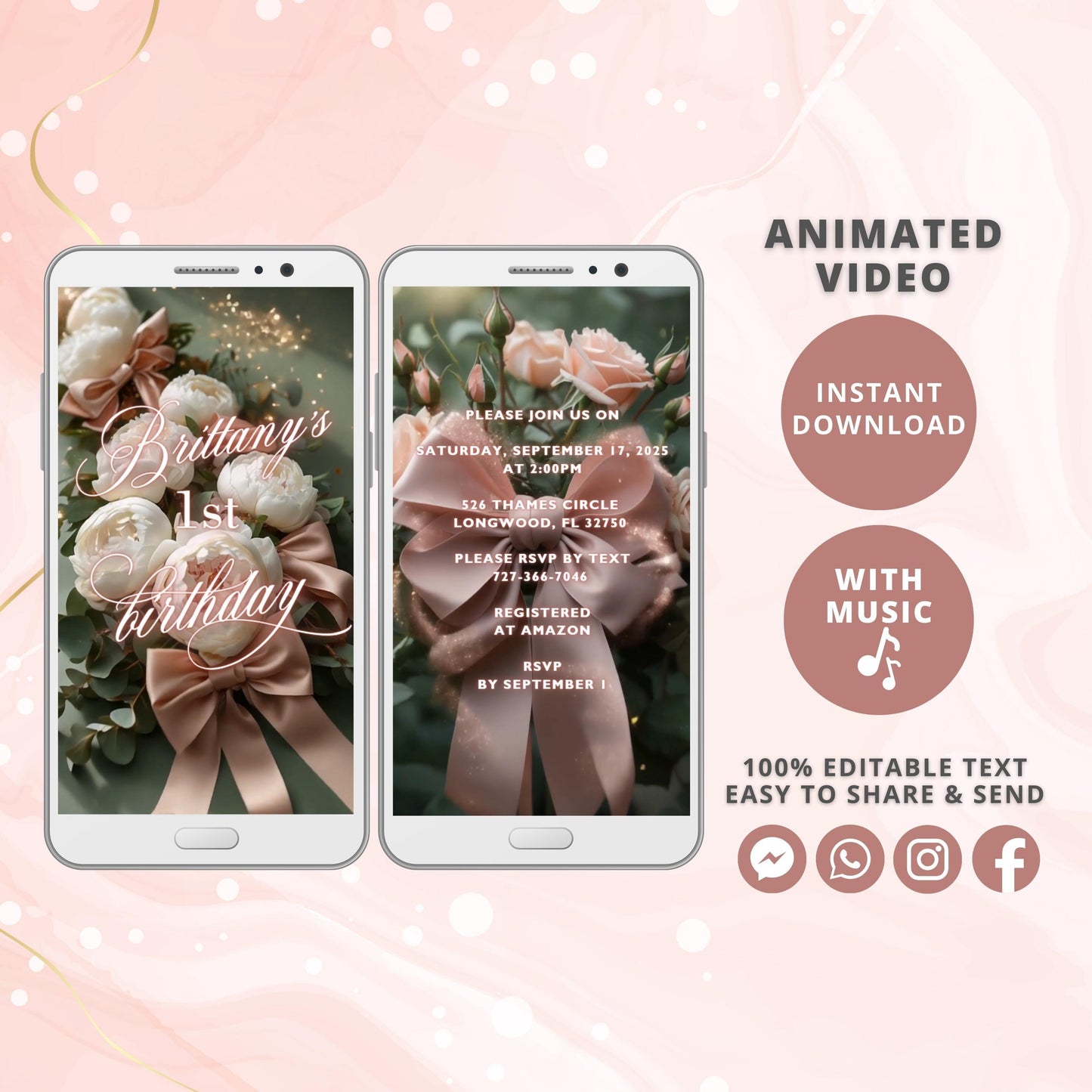 Pink Bow Birthday Video Invitation, Animated Girl Coquette Invite, Editable Roses Party Invite, Digital Invitation Template,Instant Download - SAVVY PAPER CO