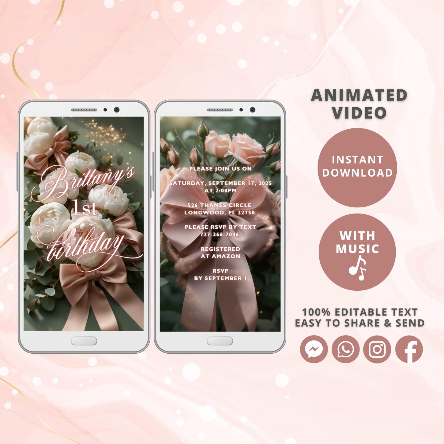 Pink Bow Birthday Video Invitation, Animated Girl Coquette Invite, Editable Roses Party Invite, Digital Invitation Template,Instant Download - SAVVY PAPER CO