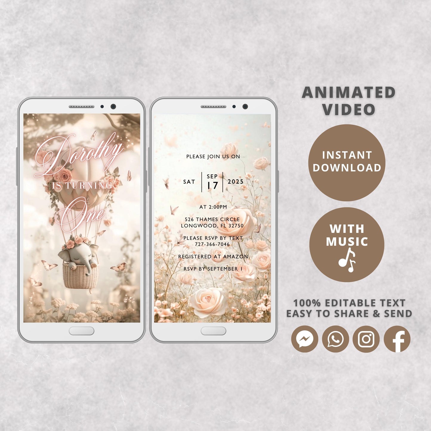 Elephant Hot Air Balloon Birthday Video Invitation,Animated Girl Invite, Editable Party Invite, Digital Invitation Template,Instant Download - SAVVY PAPER CO