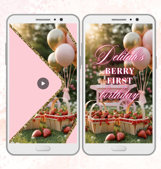 Berry First Birthday Invitation Template, Strawberry Video Invitation for First Birthday Party, Summer Fruit Editable Animated Invitation - SAVVY PAPER CO