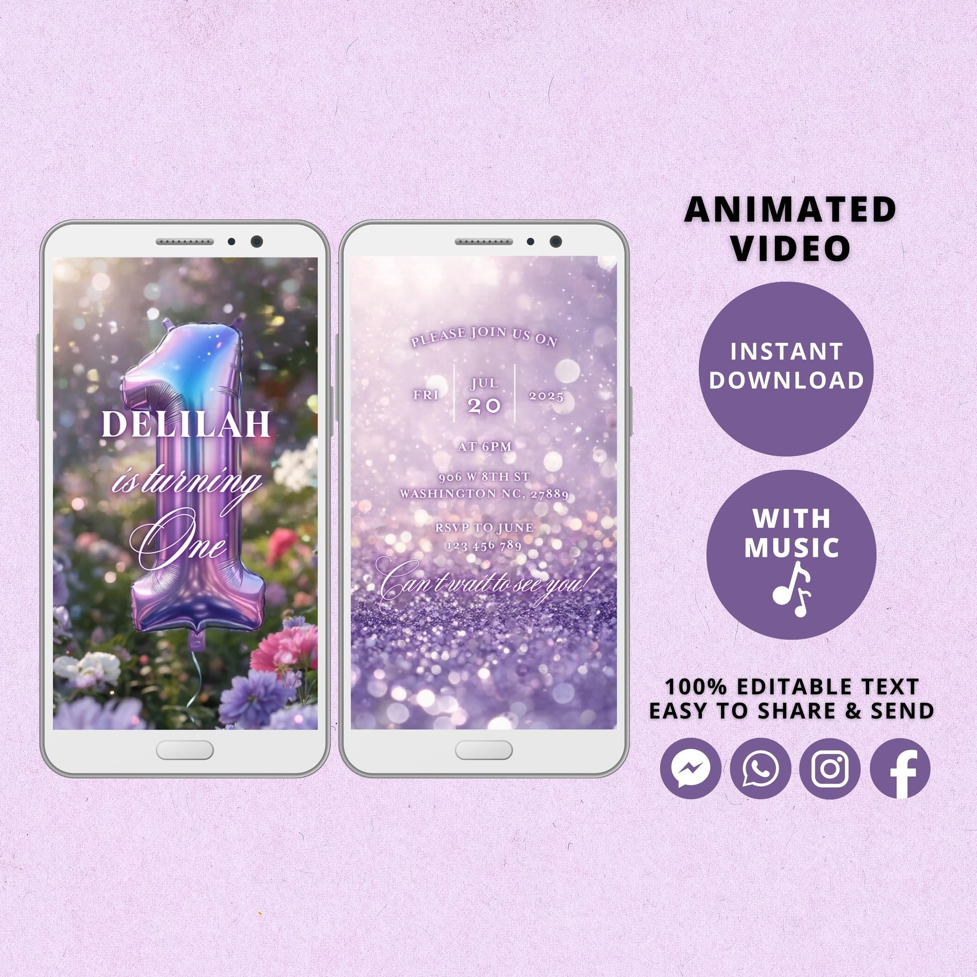 Rainbow First Birthday Invitation Template, Rainbow Video Invitation for First Birthday Party, Purple Editable Animated Invitation - SAVVY PAPER CO