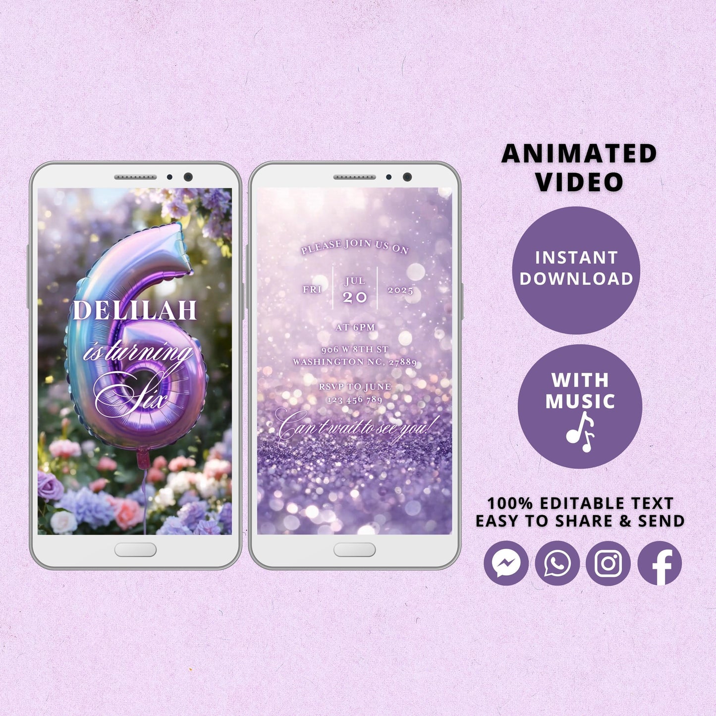 Rainbow Sixth Birthday Invitation Template, Rainbow Video Invitation for 6th Birthday Party, Purple Editable Animated Invitation - SAVVY PAPER CO