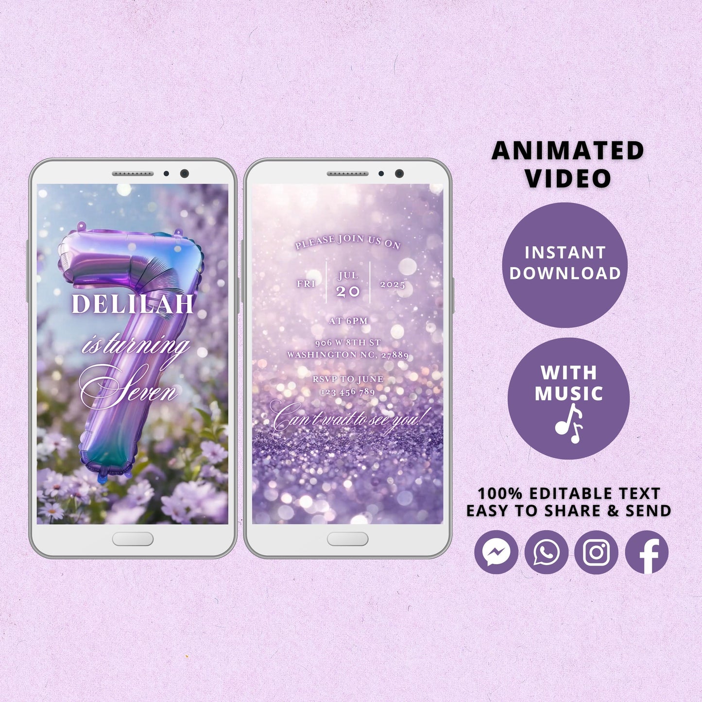 Rainbow Seventh Birthday Invitation Template, Rainbow Video Invitation for 7th Birthday Party, Purple Editable Animated Invitation - SAVVY PAPER CO