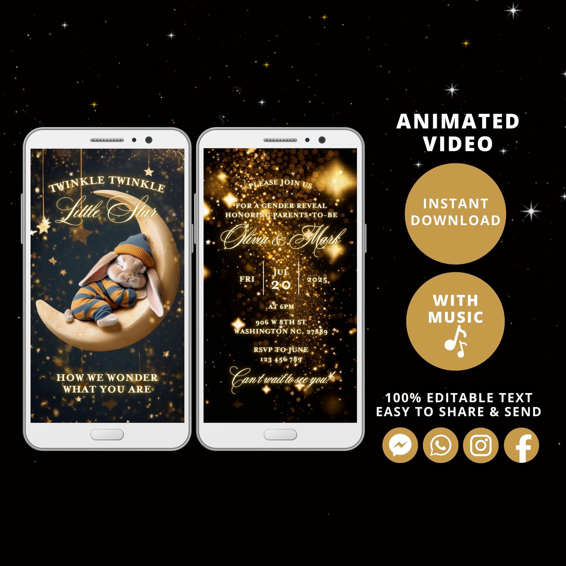 Twinkle twinkle little star Gender Reveal Invitation Template, Digital Gender Reveal Party Invite, Gender Reveal Editable Bunny Moon Invite - SAVVY PAPER CO