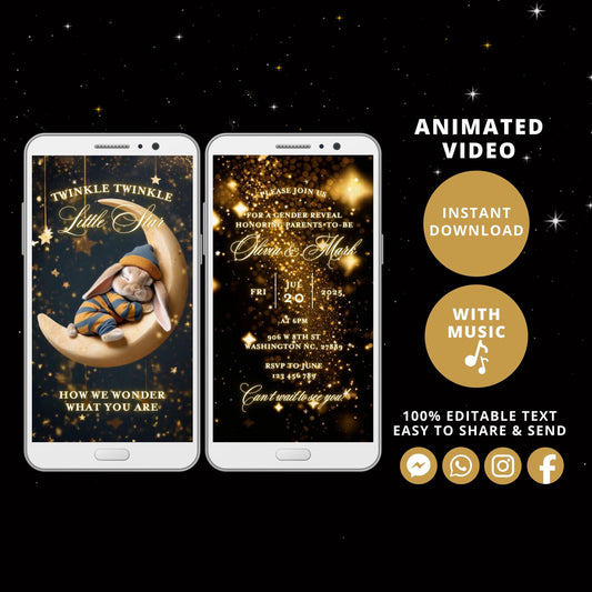 Twinkle twinkle little star Gender Reveal Invitation Template, Digital Gender Reveal Party Invite, Gender Reveal Editable Bunny Moon Invite - SAVVY PAPER CO